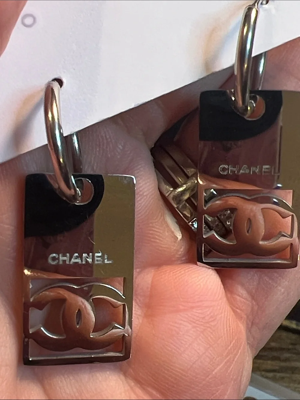 Stainless Steel Silver-Tone Logo Dangle Earrings